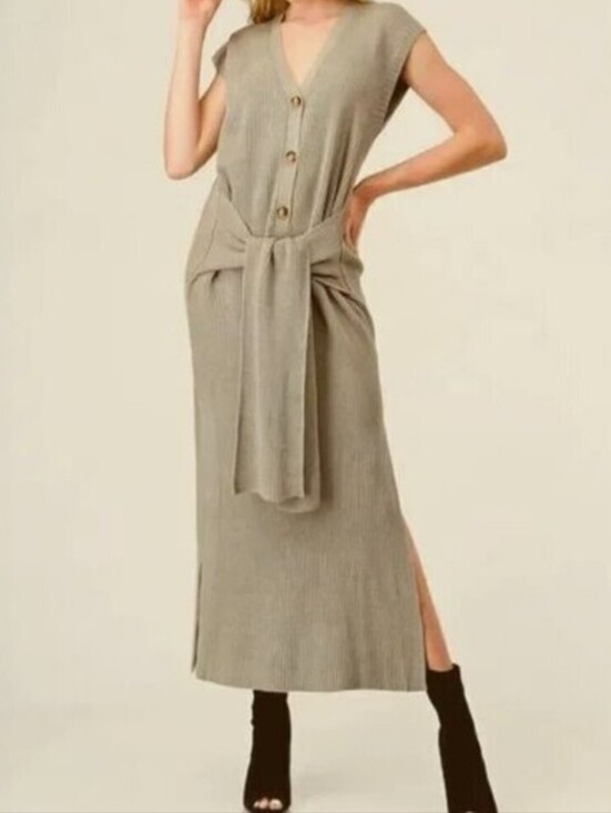 Mable Dresses & Skirts - Mable Rib-Knit Front-Tie Maxi Sweater Dress Sz. M Beige